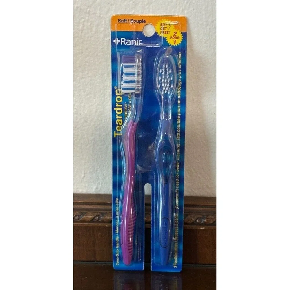NOS Ranir Toothbrushes Teardrop Sure Grip Handle Soft Bristle Purple & Blue